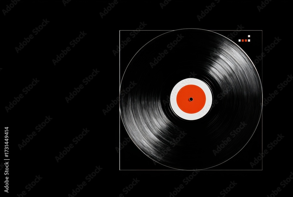 Obraz premium A black vinyl record is displayed on a square, with a bright orange and white label in the center, against a dark .
