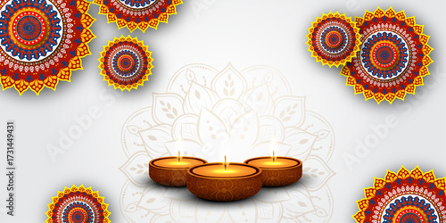 Diwali Festival Greeting Background with Glowing Oil Lamps, Traditional Rangoli Mandala Pattern, Indian Decorative Celebration Poster for Deepavali Festival of Lights Invitation and Card Design