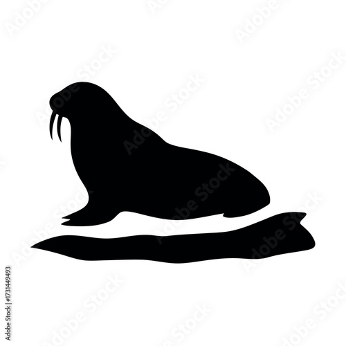 Silhouette of a walrus with tusks resting on a log against a white background