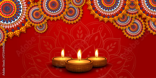 Diwali Festival Greeting Background with Glowing Oil Lamps, Traditional Rangoli Mandala Pattern, Indian Decorative Celebration Poster for Deepavali Festival of Lights Invitation and Card Design