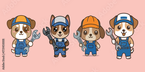 Adorable cartoon dogs dressed as mechanics holding wrenches in uniform Illustration