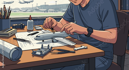 A dedicated hobbyist meticulously assembles an airplane model at a desk, with a backdrop of an airport and planes, showcasing a passion for aviation and detailed craftsmanship