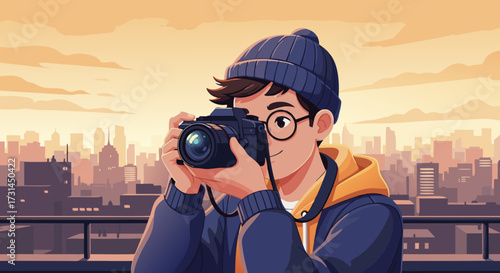 A young man wearing a beanie and glasses takes a photo with a DSLR camera, capturing a cityscape at sunset from a rooftop, embodying urban exploration and creative hobbies