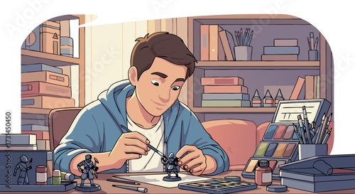 A young man focused on painting a miniature figure with delicate brush strokes, surrounded by art supplies and models on a desk and shelves
