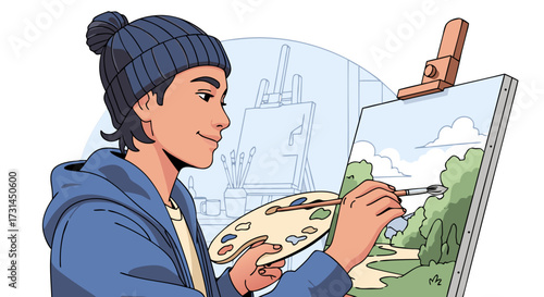Young artist enthusiastically painting a scenic landscape with oil paints on canvas, showcasing creativity and passion for art