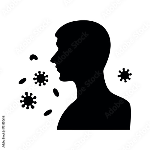 Silhouette of a person s head with airborne virus particles and leaves