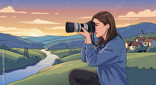 Artist capturing the serene beauty of a rolling landscape at sunset with a professional camera, embracing nature's tranquility
