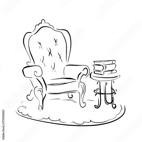 Vintage armchair with small table and stacked books. Whimsical quickly sketch vector illustration. Perfect for nostalgic literature themes, posters, Victorian aesthetics, vintage decor, invitations