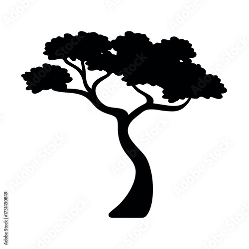 Silhouette of a stylized windswept tree with a curved trunk and full canopy