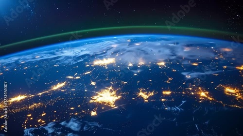 Stunning Earth View from Space: City Lights Illuminate Night Sky and Aurora, Outer space view