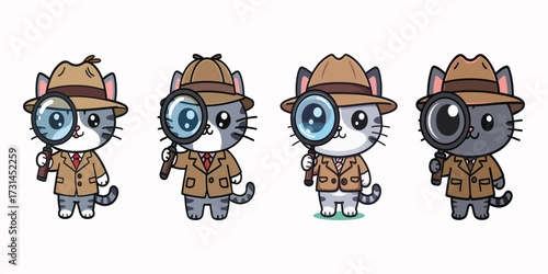 Cartoon cat detectives with magnifying glasses investigate mysteries cute vector Illustration
