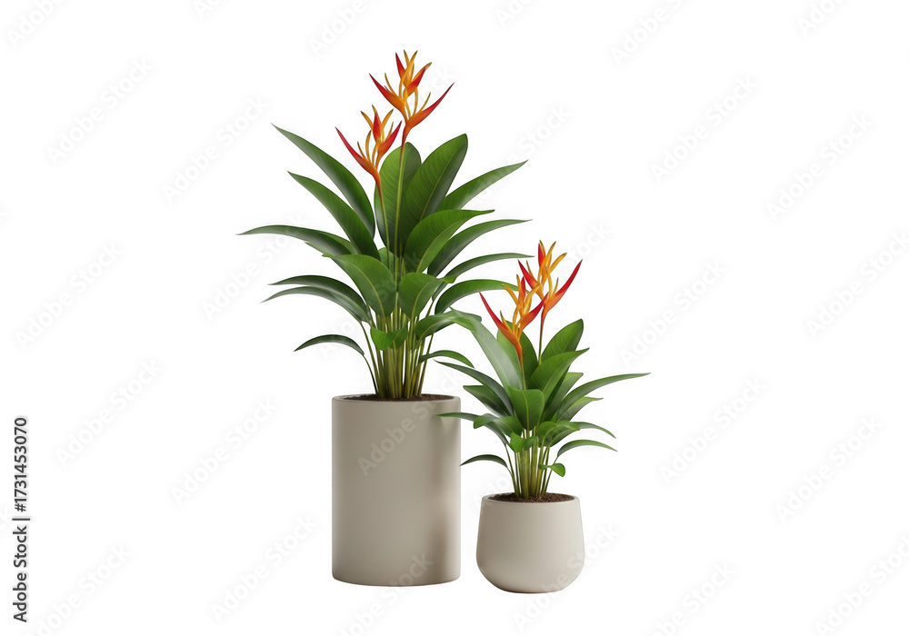 Obraz premium Two tall green potted plants with orange flower spikes isolated on transparent background