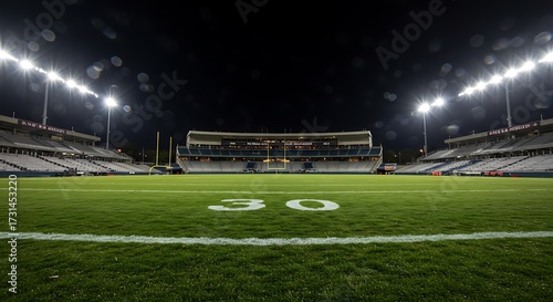 Empty stadium at night green field and bleachers illuminated by lights