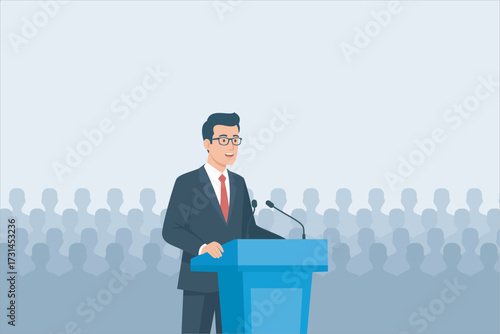Flat vector illustration of a confident businessman giving a public speech at a podium with microphones. perfect for themes of leadership, politics, presentation, conference, communication.