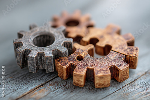 Several textured metallic gears of different colors sit disconnected on an old wooden plank symbolizing industry and cooperation