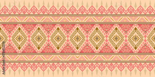 Hmong tribal fabric patterns feature intricate geometric patterns, diamonds, and zigzags in red, brown, and beige. They're perfect for textiles, fashion, curtains, pillowcases, rugs, and art prints.