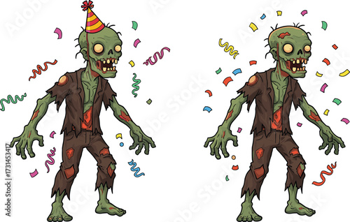 Cartoon zombie characters, funny undead illustration, Halloween party theme, green monster art, spooky celebration, creepy costume design, festive horror background, scary