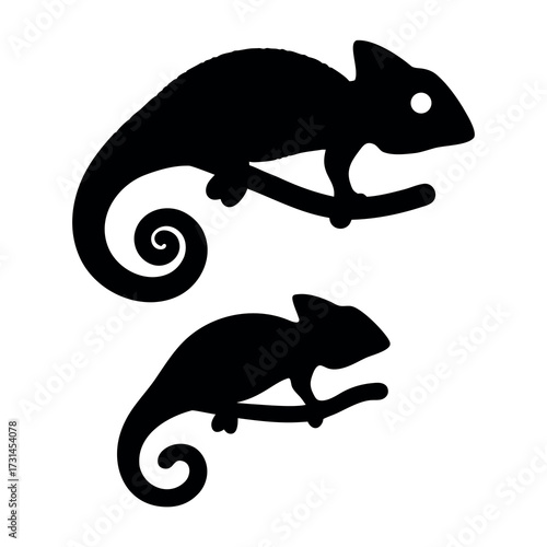 Two silhouetted chameleons perched on branches against a white background