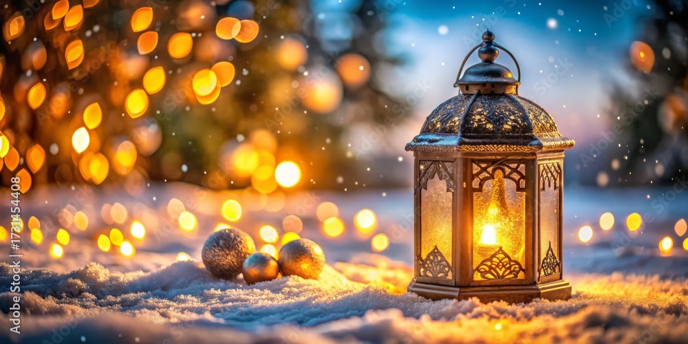 Fototapeta premium A festive lantern with ornaments and glowing lights in a snowy winter landscape with bokeh background 32k resolution