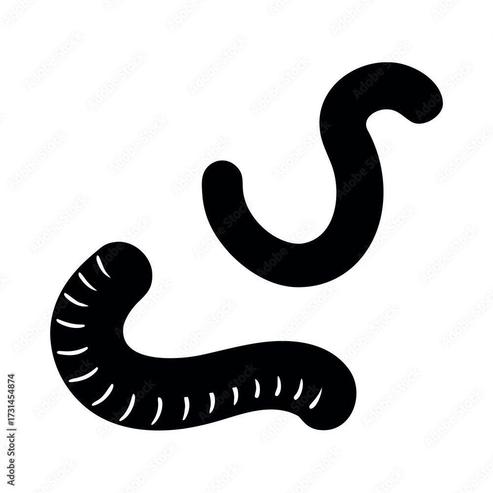 Fototapeta premium Two silhouetted earthworms with segmented bodies on a white background