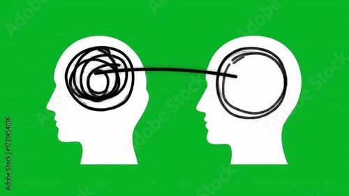 Two human heads connected by a line, one with a chaotic scribble and the other with a neat circle, symbolizing mental clarity and problemsolving on a vibrant green backdrop.