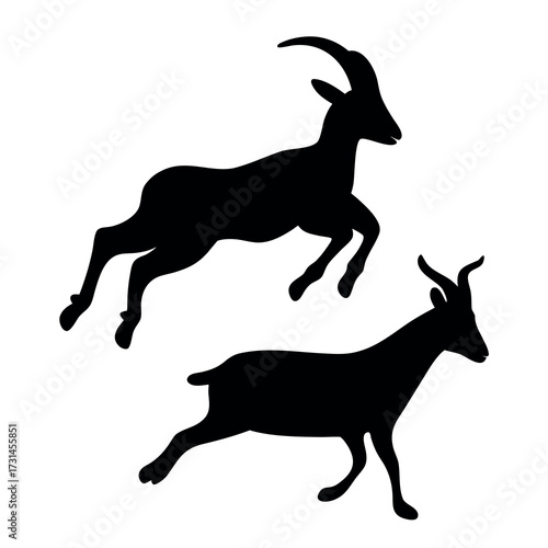 Silhouettes of two goats one leaping and one standing against a white background