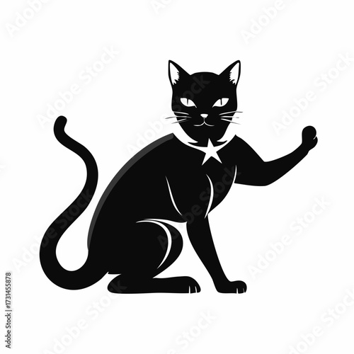 Dynamic vector illustration of a powerful black cat superhero in a commanding stance, featuring a flowing cape and distinctive emblem, rendered with sleek minimalist graphic design