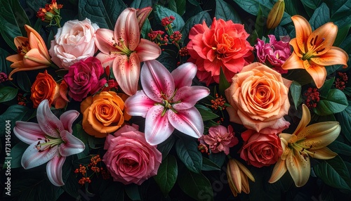 Lush floral arrangement with roses and lilies