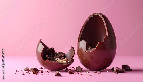 Chocolate egg broken, pieces scattered on pink backdrop