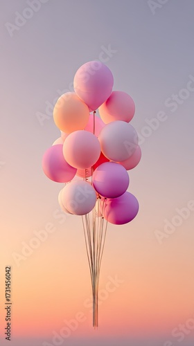 Colorful bunch of balloons against soft sky