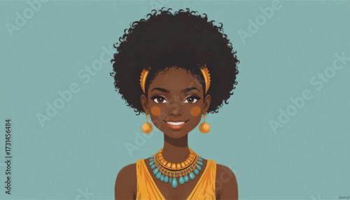 Ai Generate  Cute African woman illustration, minimal flat style, vibrant colors, natural afro hairstyle, cultural jewelry, smiling portrait poster design.