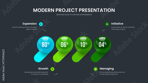 Service Visualization Slide Template Vector Illustration. Colorful Review 4 Option Graph Frame Layout. Consulting Forecast Four Element Chart Slideshow Design.
