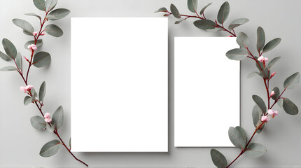 Elegant Green Eucalyptus Branches with Pink Flowers on White Background for Minimalist Design