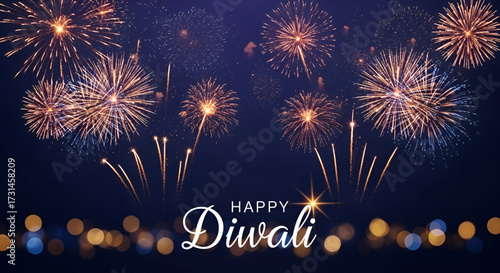 ​A Happy Diwali Night Scene With Golden Fireworks And A Bokeh Effect In The Foreground And Sky
