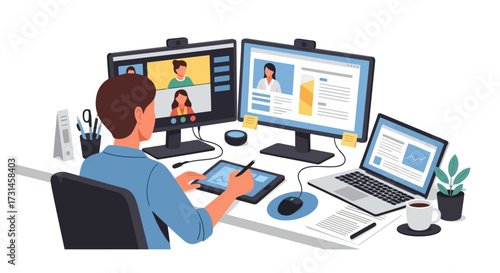 Remote Worker Engaged in Virtual Meeting and Design Tasks, Illustrating Modern Work-from-Home Lifestyle and Digital Collaboration Platforms, Suitable for Business and Technology Projects.