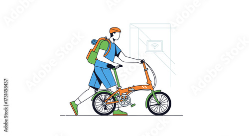Minimalist Illustration of a Person Walking with a Folding Bicycle, Promoting Eco-Friendly Transportation and Urban Mobility Solutions ideal for sustainable lifestyle campaigns.
