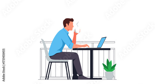 Illustration of a man working on a laptop while enjoying coffee at an outdoor table, suitable for illustrating remote work, digital lifestyle, or contemporary business themes.