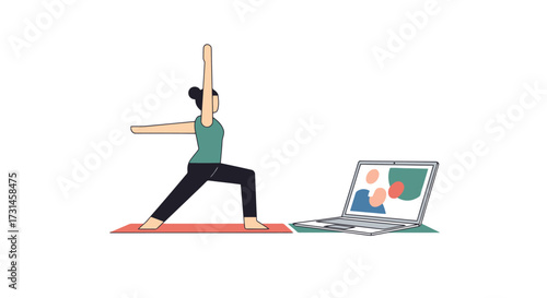 Woman practicing yoga online at home using laptop for virtual fitness classes, promoting wellness, flexibility, and healthy lifestyle in a modern setting.
