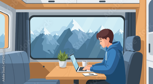 Serene digital nomad lifestyle inside a camper van with mountain view, ideal for remote work advertisement, travel blogs, and promoting mobile office solutions.