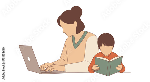 Digital illustration of a mother working remotely on a laptop while her child reads a book, suitable for depicting work-life balance, parenting, and flexible work arrangements.