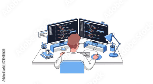 Focused Software Developer Coding on Dual Monitors, Enhancing Productivity and Efficiency in a Modern Digital Workspace, Ideal for illustrating programming, web development, or IT concepts.
