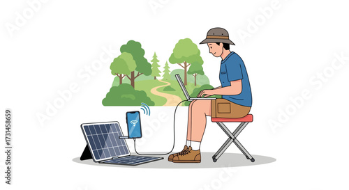 Remote worker utilizing solar power to charge electronics in a natural setting, ideal for illustrating sustainable technology and outdoor digital nomad lifestyle.