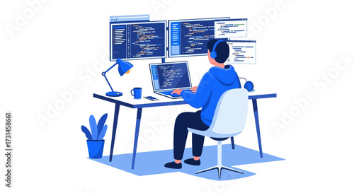 Focused Programmer Coding at Desk with Dual Monitors for Software Development and Remote Work Illustration. Ideal for Tech Blogs and Educational Material