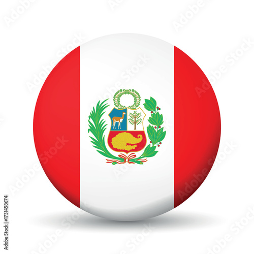 Glass light ball with flag of Peru. Round sphere, template icon. Peruvian islands national symbol. Glossy realistic ball, 3D abstract vector illustration. Big bubble.