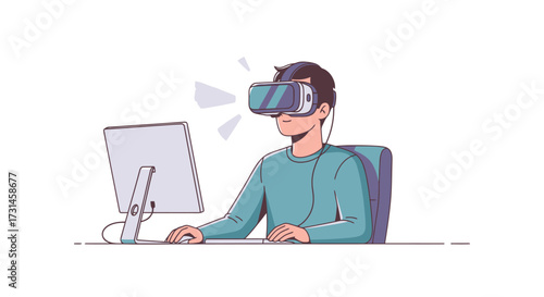 Immersive Virtual Reality Experience Depicted in a Clean Vector Illustration for Technology and Gaming Applications, Ideal for Demonstrating VR Concepts