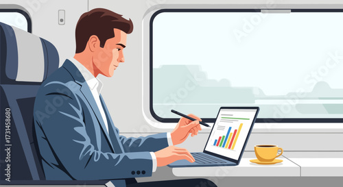 Focused Professional Analyzing Business Data on a Train Journey, Ideal for Illustrating Remote Work, Mobile Productivity, and Modern Commuting Scenarios