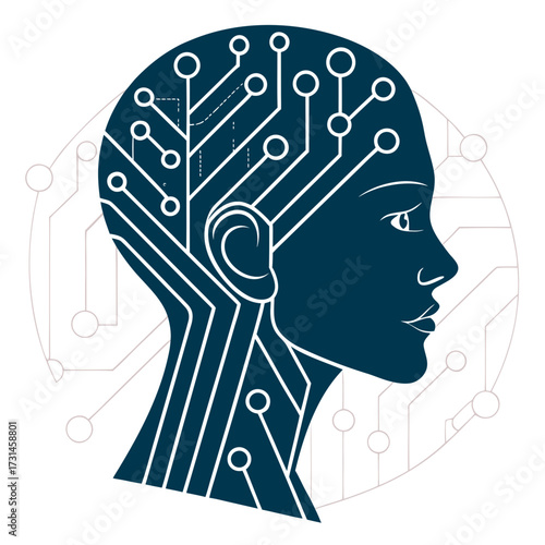 Abstract vector illustration of a human face blended with AI circuit lines and glowing digital patterns. Conceptual design representing AI-human interaction.