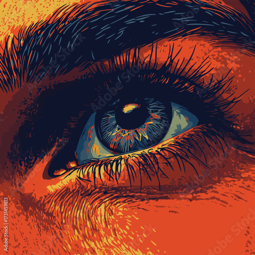 Intense closeup of a person's eye and skin, conveying emotion and detail , vector style simple color