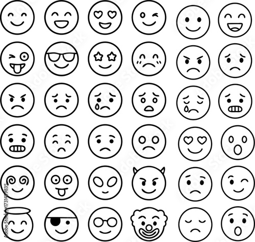 Emoji Vector Art Grid – 36 Black and White Facial Expressions for UI, Emotion, and Communication Design