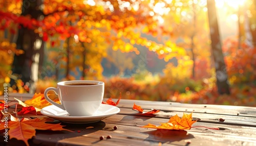 Warm sunlight streams through a vibrant forest in autumn, illuminating a wooden table with a white coffee cup and saucer, surrounded by colorful fallen leaves, creating a cozy and inviting scene.